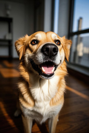 Close up of a golden retriever sitting indoorsの素材