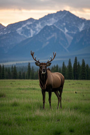 Elk on the grassland and distant mountain sceneryの素材
