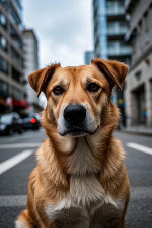 Close up of a brown dog on the streetの素材