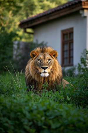 Lion and cabin view on the meadowの素材