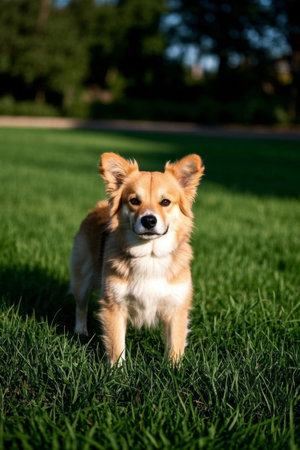 Pet dog standing on grassの素材