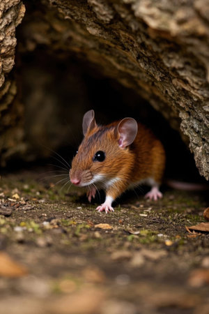 Close up of a mouse under a tree holeの素材