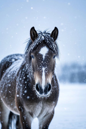 Close up of a horse standing in the snowの素材