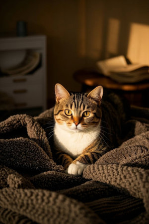 Striped cat lying on a blanketの素材