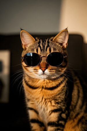 Close up of a brindle cat wearing sunglassesの素材