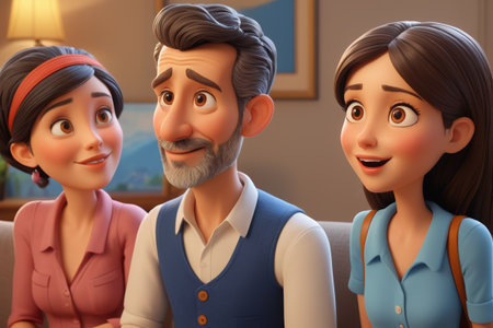 Family indoor cartoon characters three people take a photoの素材