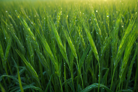 Green wheat fields with dewdrops in the sunの素材
