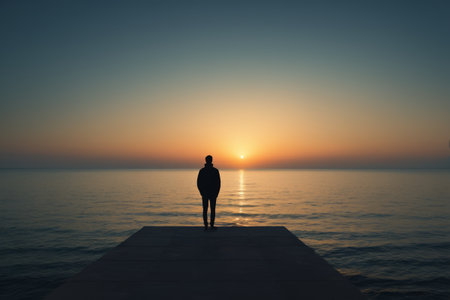 Man watches sunset from beach platformの素材