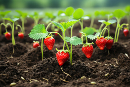 Fresh strawberries growing in the fieldsの素材
