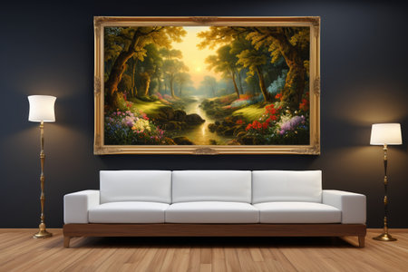 Decorative oil painting next to sofa in living roomの素材