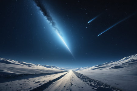 Meteor scene in the night sky on the snow roadの素材