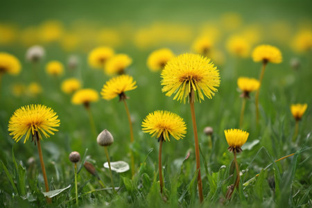 Yellow dandelion flowers in the meadowの素材