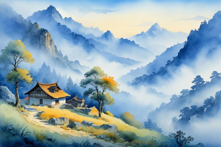 Mountain Chinese hut natural sceneryの素材