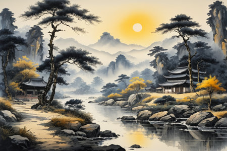 Ancient Chinese architectural scenery among mountains and riversの素材