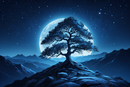 Lonely trees on the top of the mountain and distant mountain scenery under the moonlit nightの素材