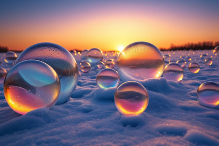 Colorful transparent spheres on the snowの素材