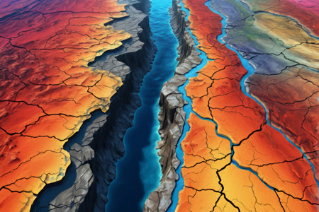 Blue river scene in cracked landの素材