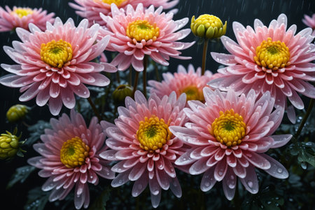 Pink chrysanthemums blooming in the rainの素材