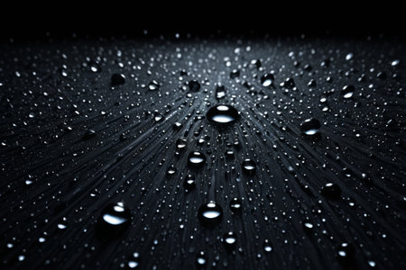 Close up of water droplets on black surfaceの素材