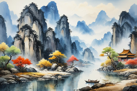 Chinese landscape landscape ancient building picturesの素材