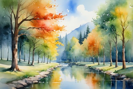 Autumn forest river natural sceneryの素材