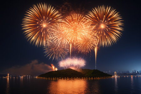 Night view of fireworks over the lakeの素材