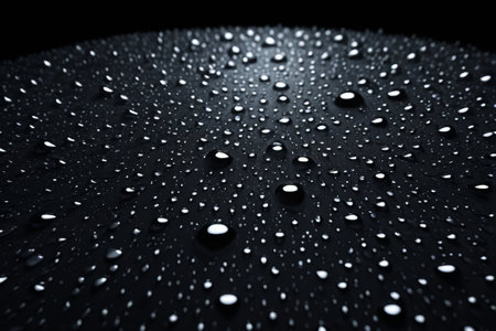 Close up of water droplets on a black surfaceの素材