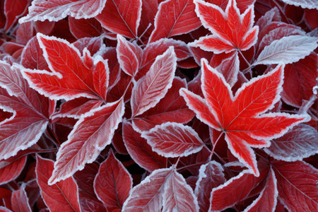 Close up of frosted red plant leavesの素材