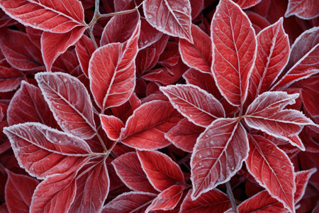 Close up of frosted red plant leavesの素材