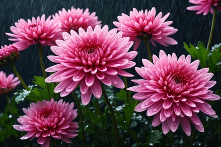 Pink chrysanthemums blooming in the rainの素材