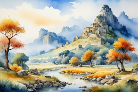 Autumn scenery among mountains and rivers and mountain architectureの素材
