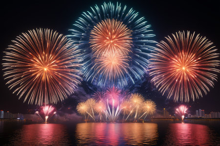 Brilliant fireworks blooming on the lake in the night skyの素材