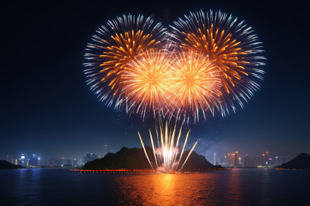 Brilliant fireworks blooming in the night sky above the lakeの素材