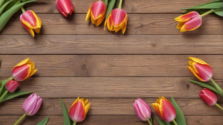 Colorful tulips on a wooden backgroundの素材
