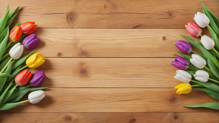 Colorful tulips on a wooden backgroundの素材
