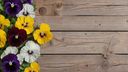 Colorful pansy flowers on a wooden backgroundの素材