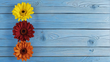 Colorful flowers on blue wooden boardsの素材