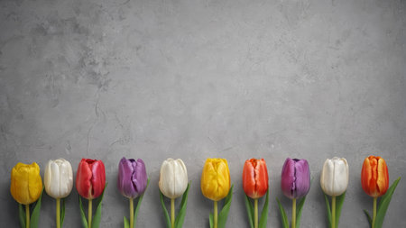 Colorful tulips on a gray backgroundの素材
