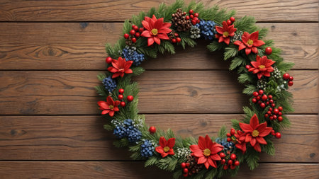 Christmas wreath decoration on wooden backgroundの素材