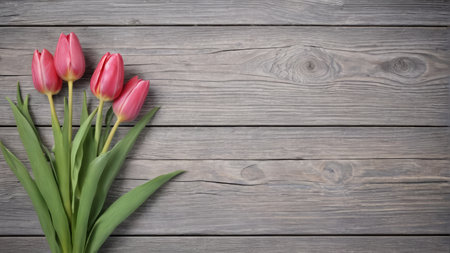 Pink tulips on wooden tableの素材