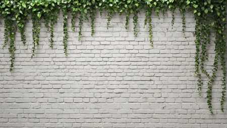 White brick wall with green plants hanging backgroundの素材