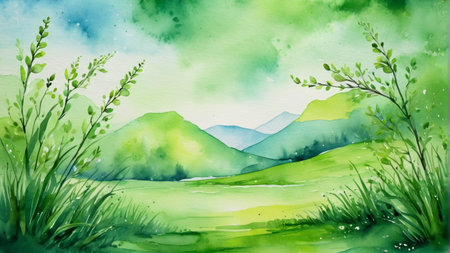 Water painted green mountains and wild natural sceneryの素材