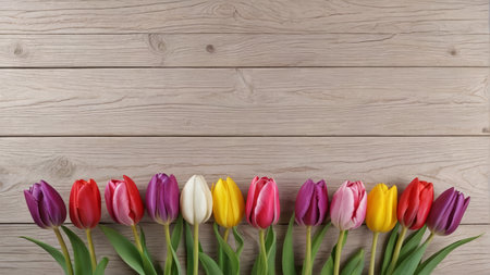 Colorful tulips on a wooden backgroundの素材