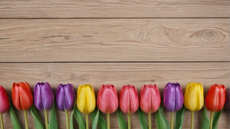 Wood grain background colored tulipsの素材