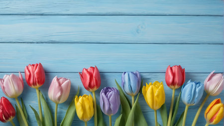 Colorful tulips on blue backgroundの素材