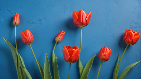 Red tulip on blue backgroundの素材