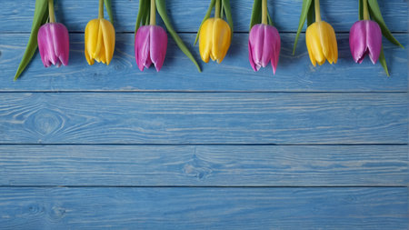 Colorful tulips on blue wood panelsの素材