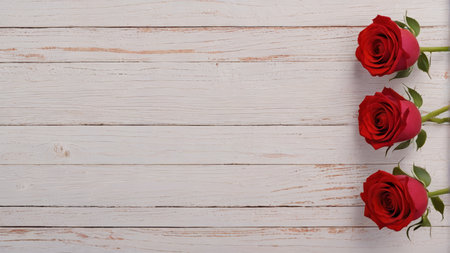 Three red roses on a white wood backgroundの素材