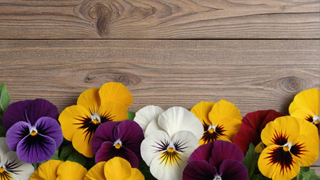 Colorful pansy flowers on a wooden backgroundの素材