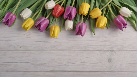 Colorful tulips on a wooden backgroundの素材